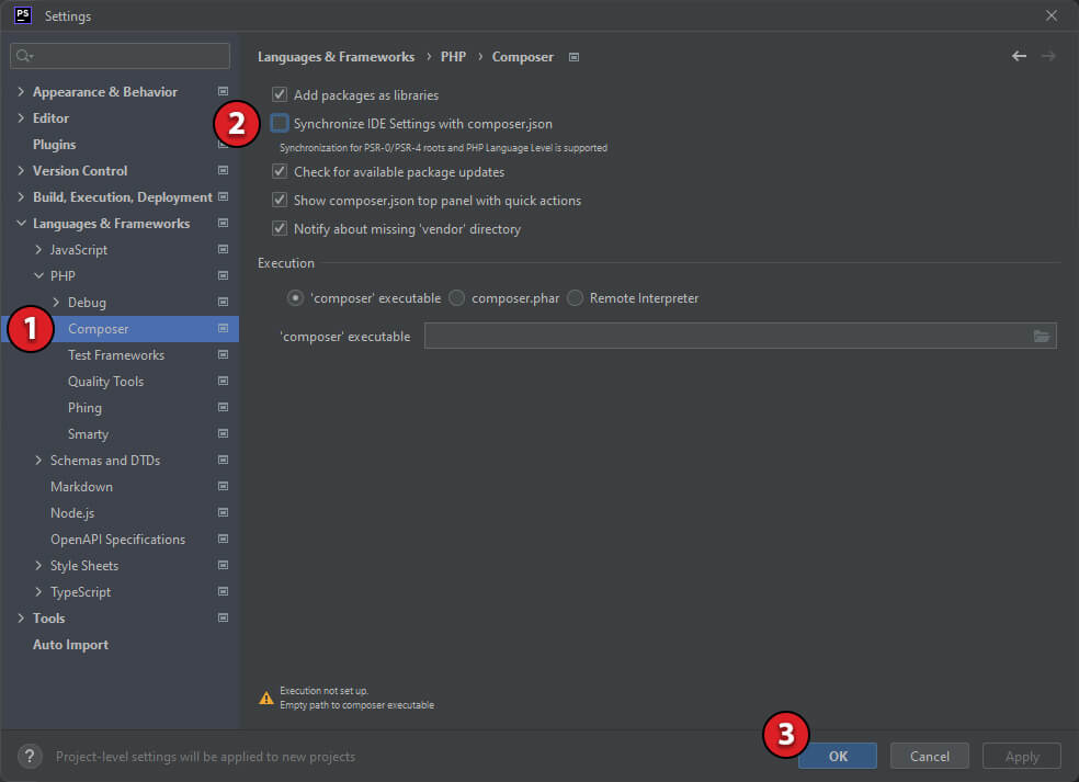 JetBrains PhpStorm Change New Projects Setup Settings For New Projects - Uncheck Synchronize IDE Settings With Composer.json